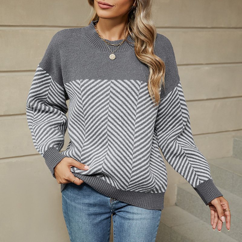 Women's Striped Lazy Style Long Sleeve Knit Sweater