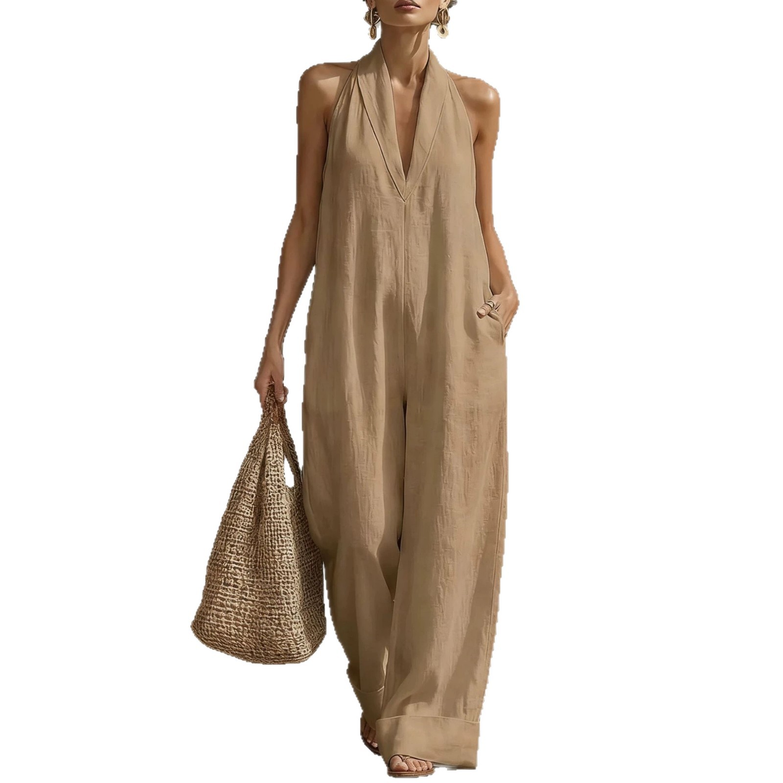 Women's Solid Cotton-Linen Sleeveless Casual Jumpsuit