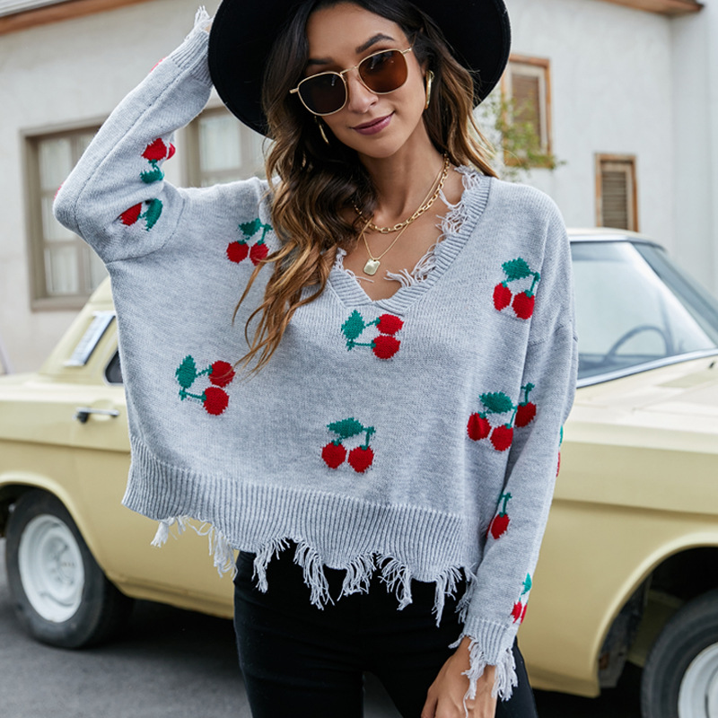 Women's Loose Cropped V-Neck Fringe Knit Sweater