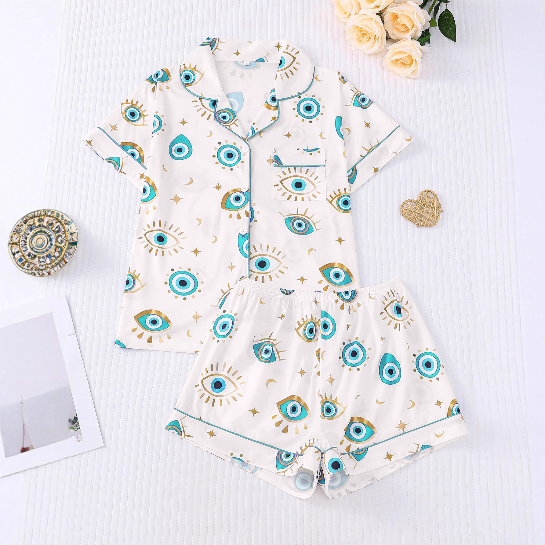 Women's Printed Short Sleeve Shorts Pajama Set with Collar Loose Comfortable