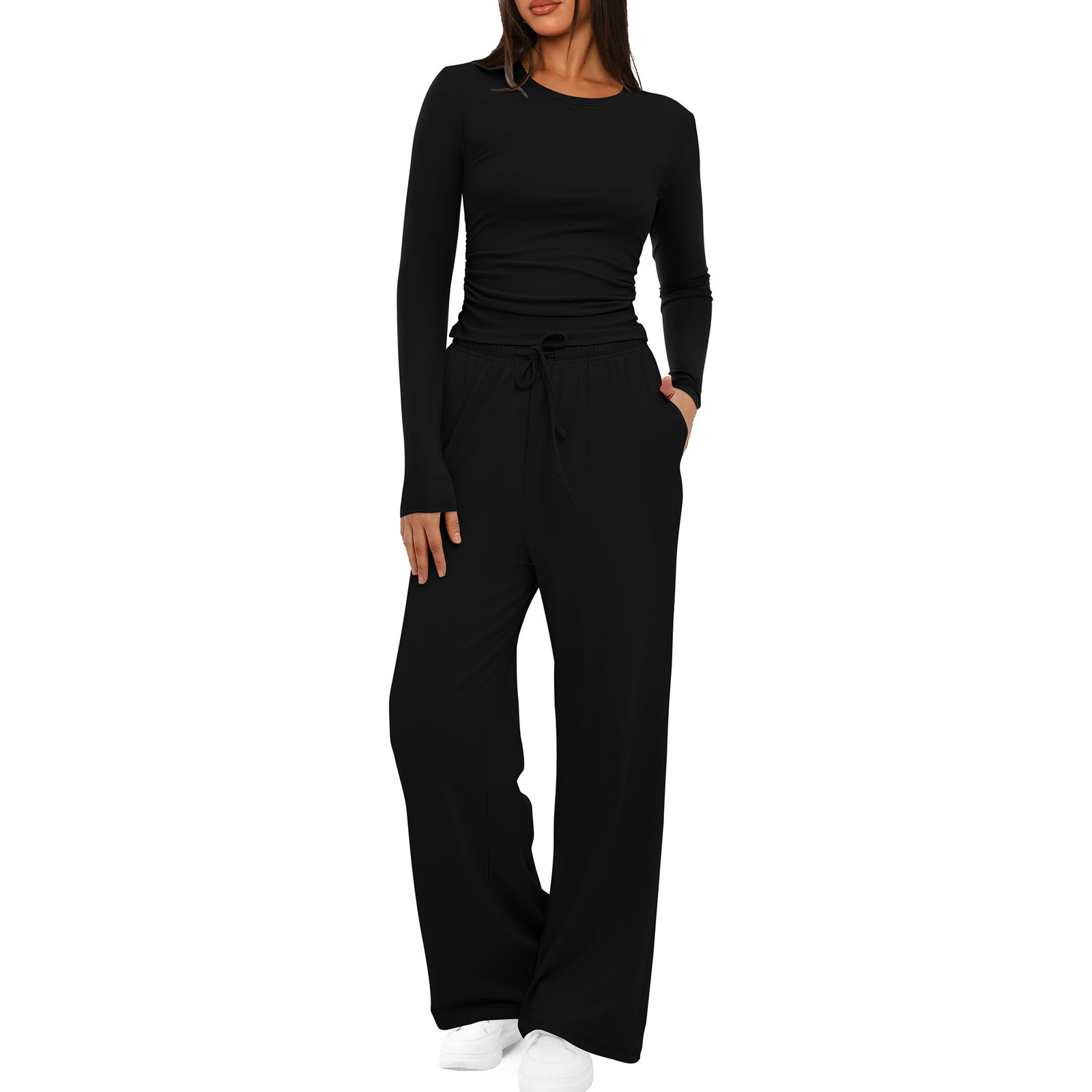 Solid Color Ruched Waist Long Sleeve Top and Pants Set