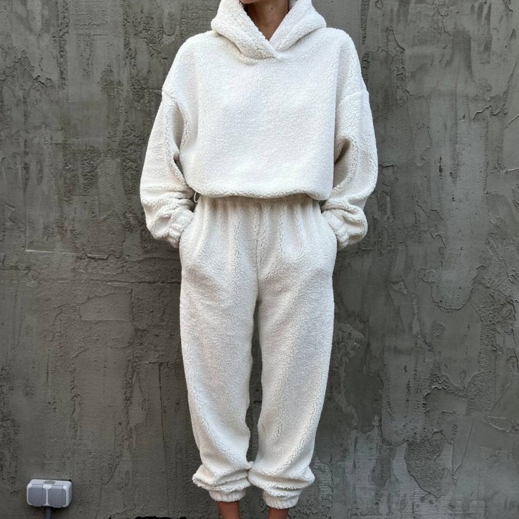 Fleece Solid Color Crewneck Long Sleeve Two-Piece Pant Set for Women