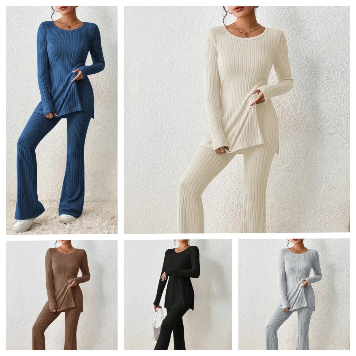 Women's Solid Color Slim Fit Ribbed Knit Lounge Set Long Sleeve Sweater and Pants