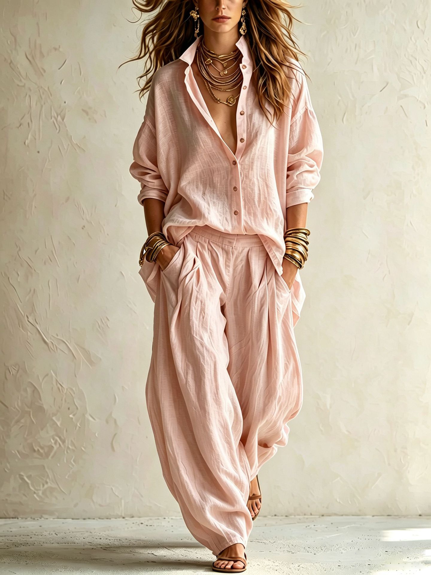 Women's Loose Long Sleeve Collared Cardigan and Pants Two-Piece Set