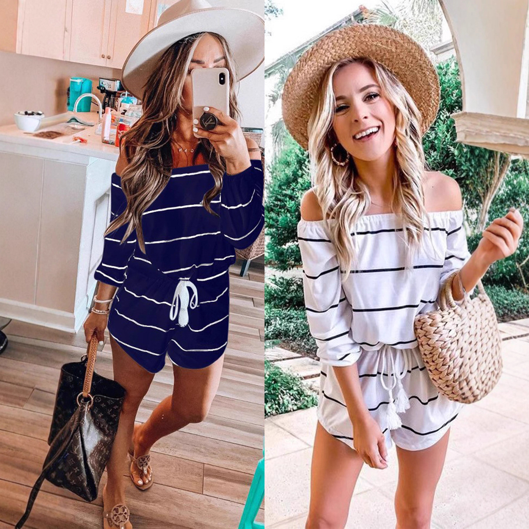 Women's Off-Shoulder Striped Belted Jumpsuit