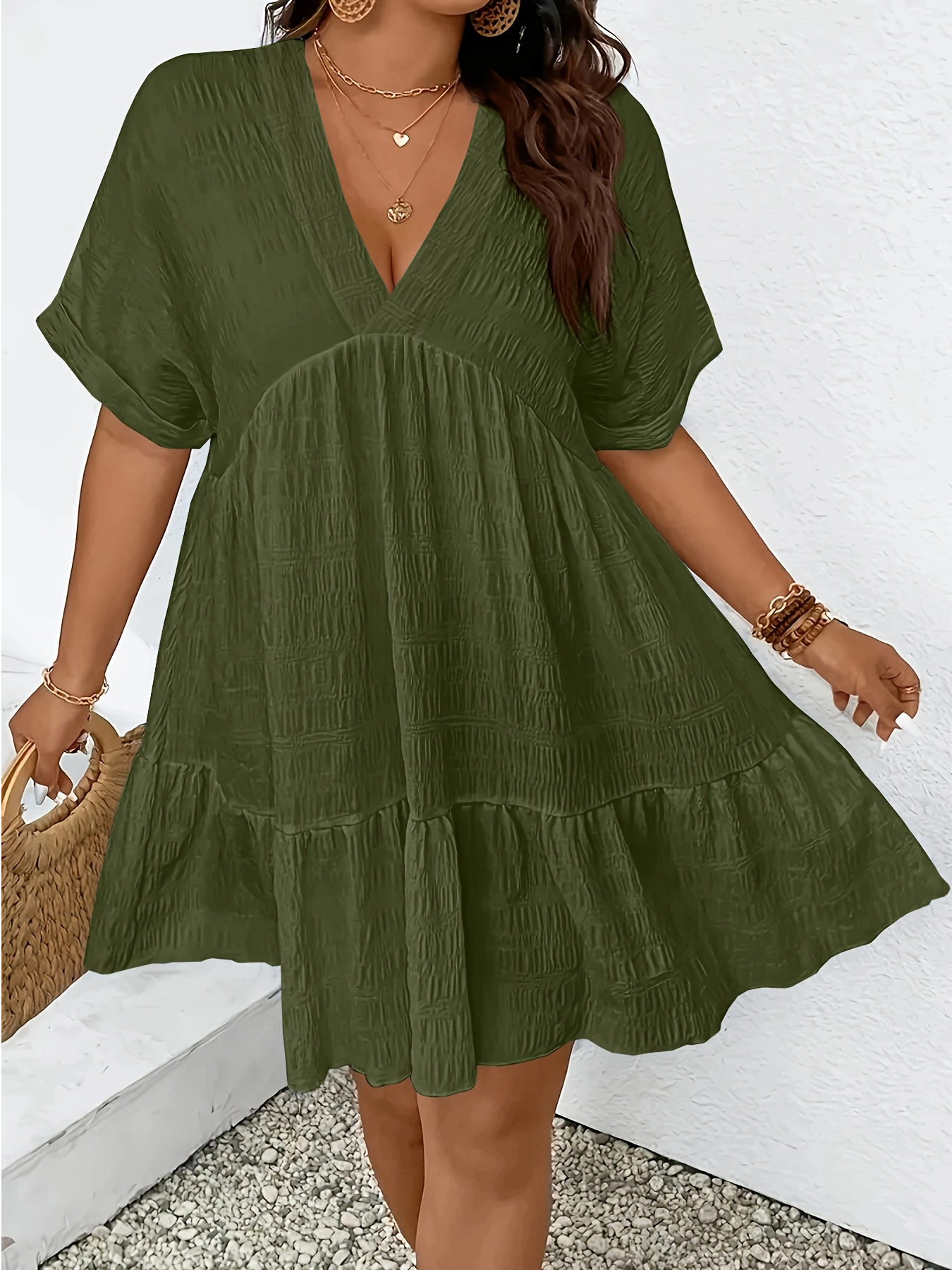 Women's Summer Casual Deep V-Neck Short Sleeve Loose Dress