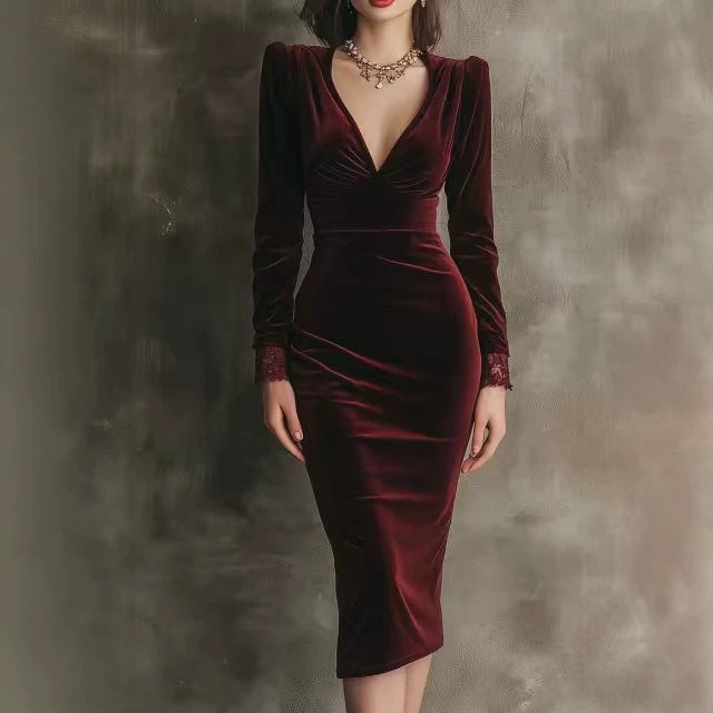 Velvet V-Neck Long Sleeve Bodycon Midi Dress