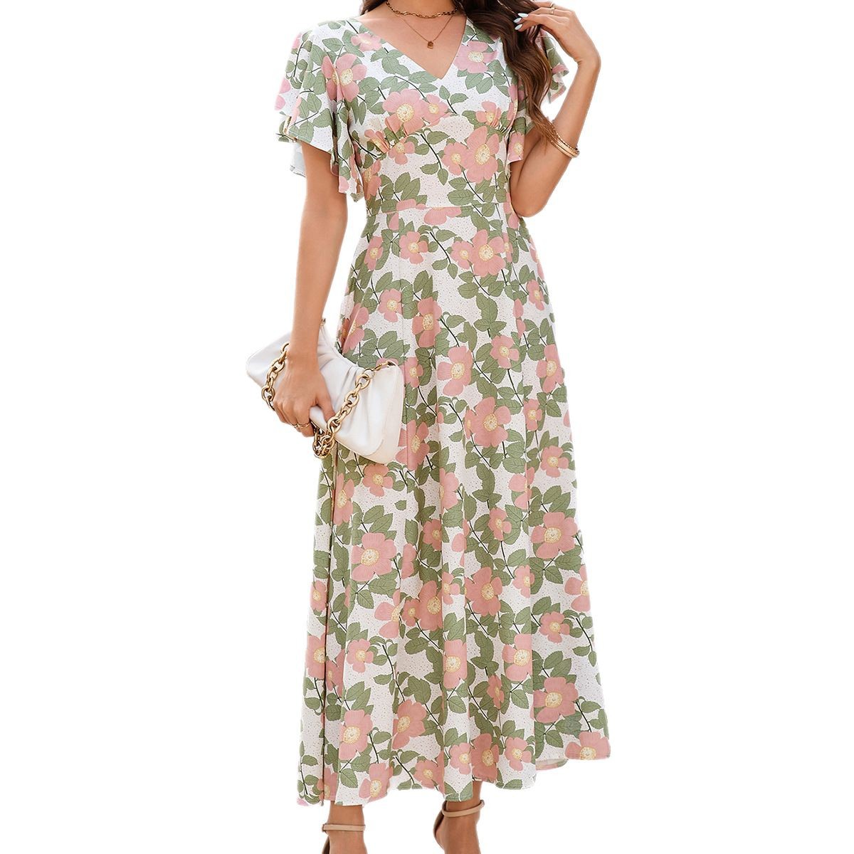 Floral Print V-Neck Ruffle Short Sleeve Slim Fit Flared Midi Dress