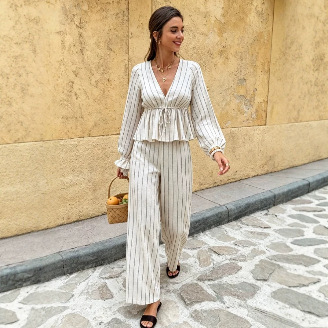 V-Neck Tie Striped Long Sleeve Top and Pants Two-Piece Set