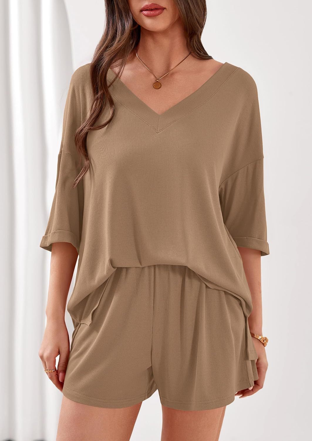 Women's Two-Piece Loose V-Neck Half-Sleeve Top and Shorts Casual Set