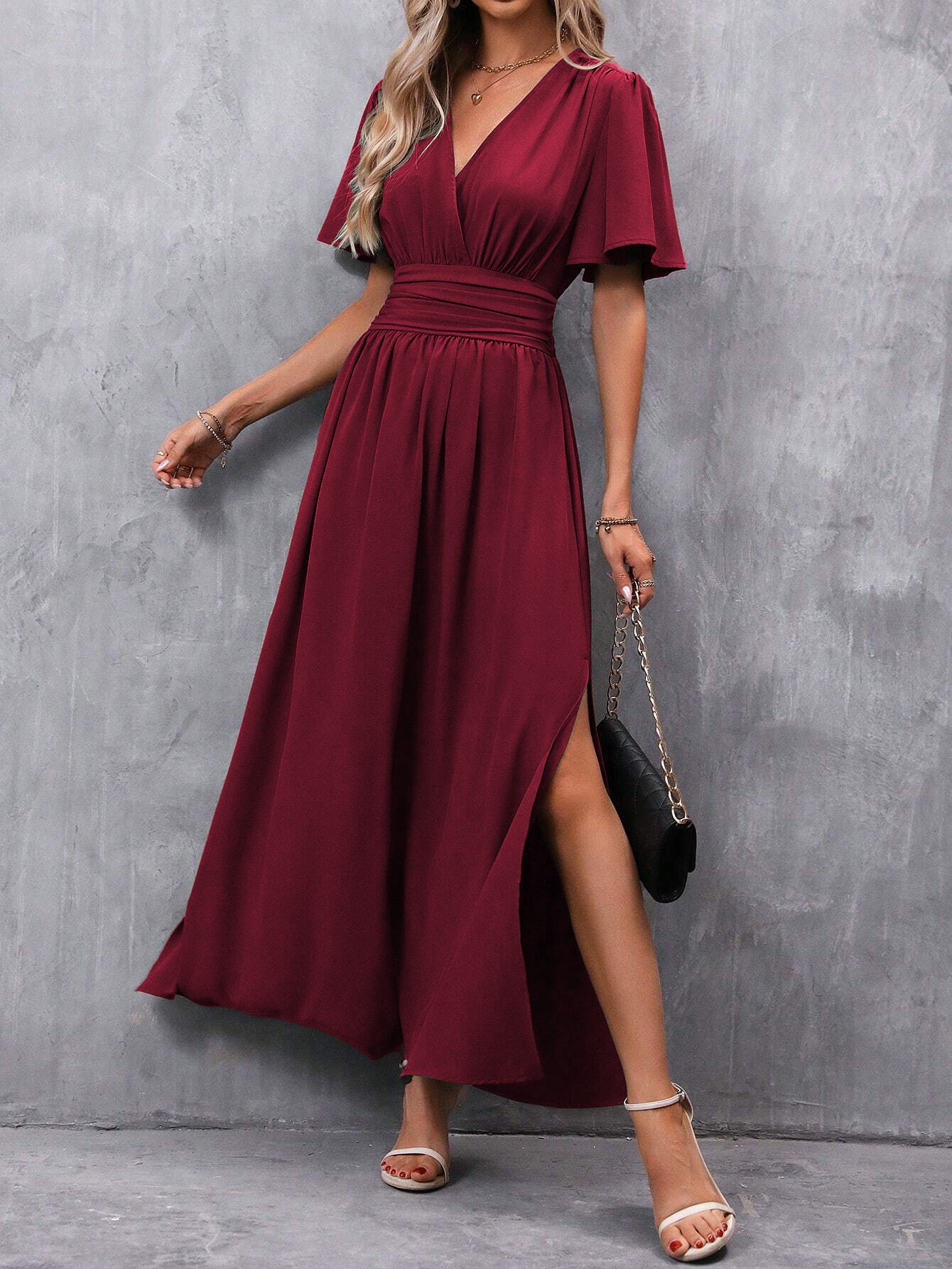 Elegant Flutter-Sleeve High-Slit A-Line Maxi Dress