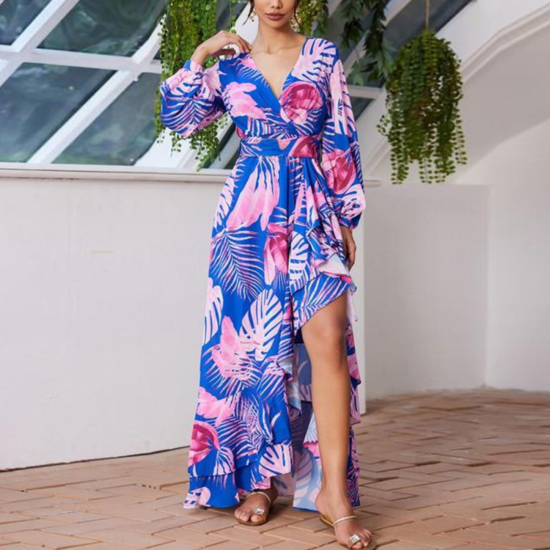 Floral Print V-Neck High-Waist Long Dress