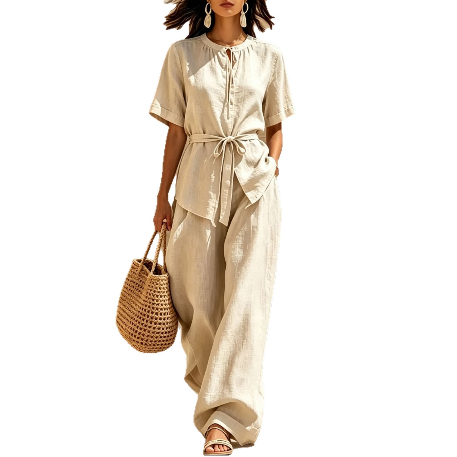Linen-Blend Solid Tie-Front Short-Sleeve Wide-Leg Pants Set