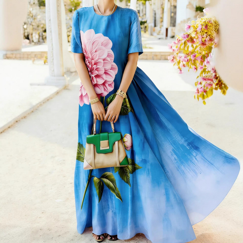 Floral Print Round Neck Short Sleeve Maxi Dress