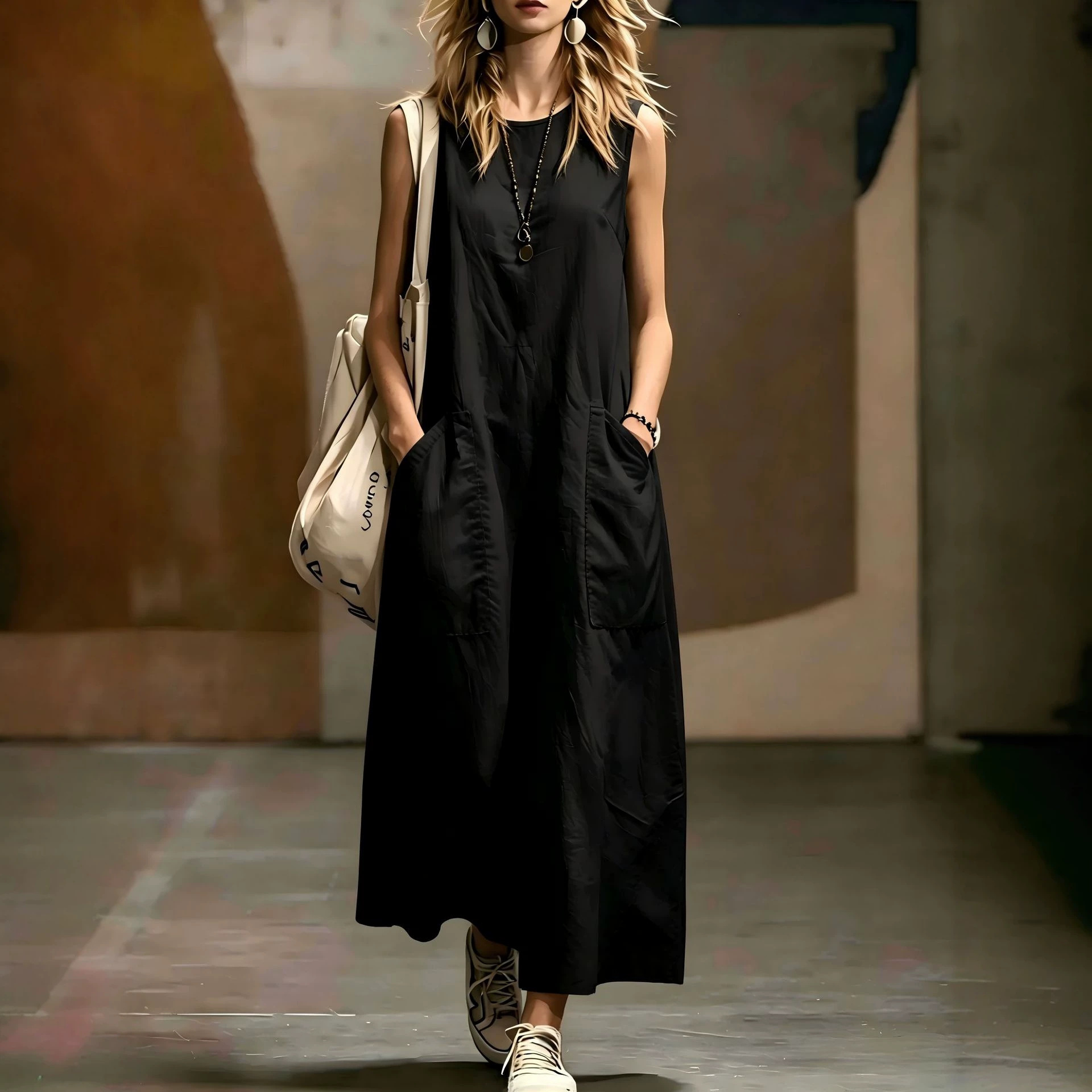 Women's Solid Sleeveless A-Line Midi Dress with Pockets