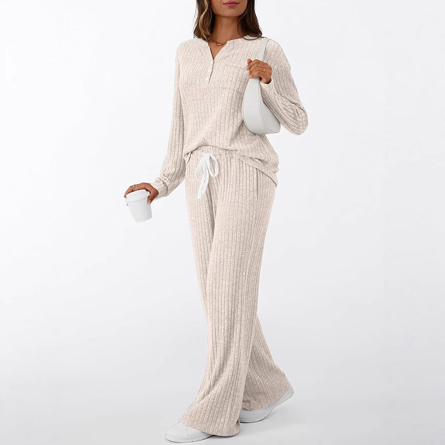Women's V-Neck Two-Piece Pajama Set Long Sleeve Loungewear