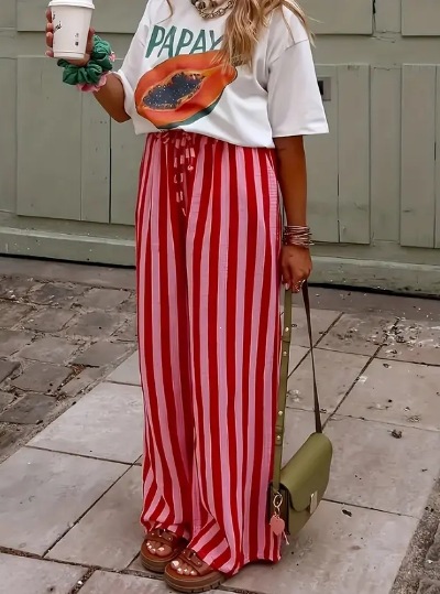 Women's Loose Straight-Leg Striped Print Pants Casual Colorblock