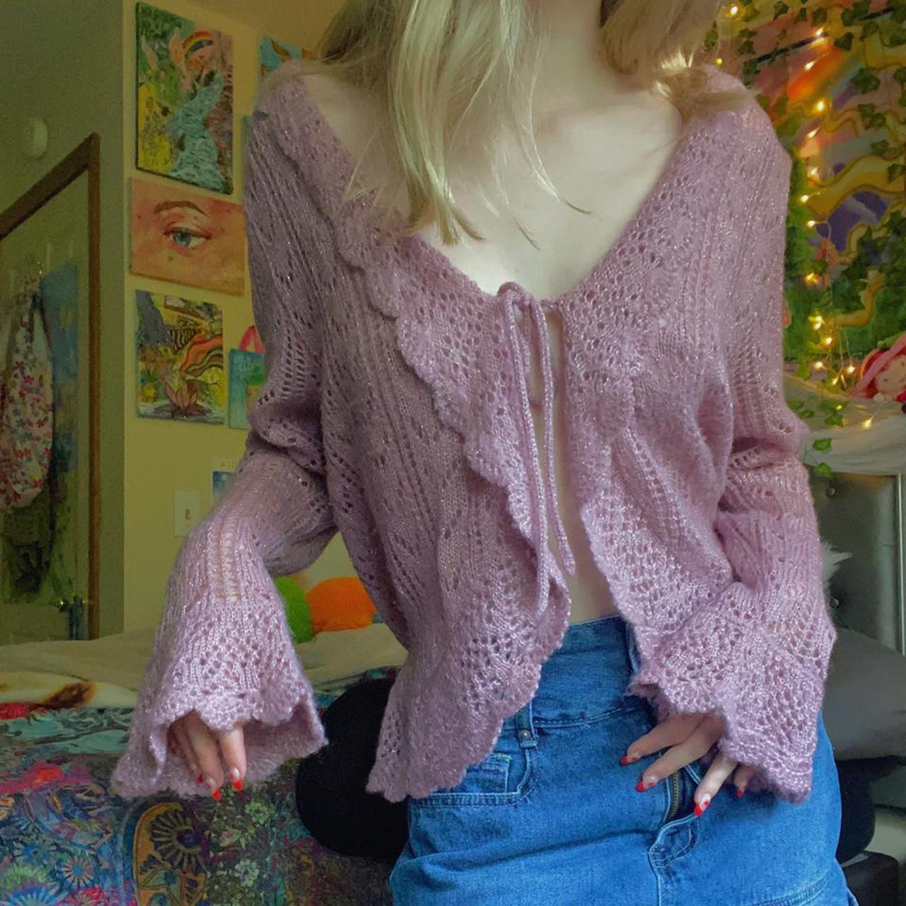 Women's V-Neck Long Sleeve Tie-Front Cardigan Sweater with Openwork Knit