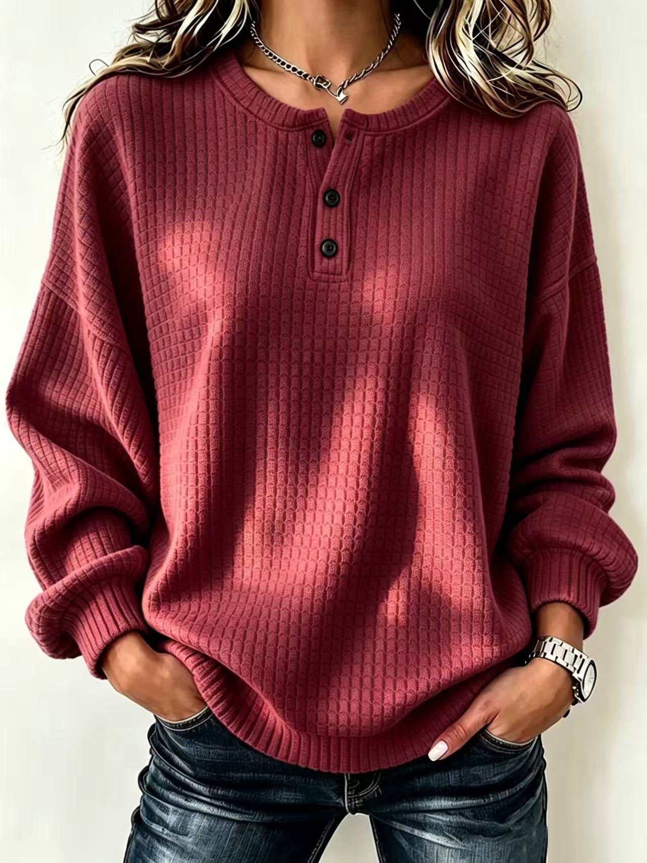 Women's Plaid Crewneck Button Long-Sleeve Sweatshirt
