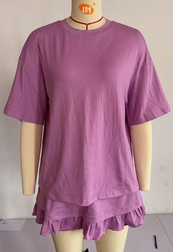 Women's Two-Piece Short Sleeve Top and Mini Skirt Set with Ruffle Trim