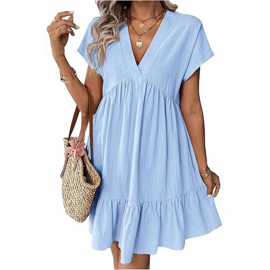 Women's Summer V-Neck Short Sleeve Ruffle Hem Babydoll Dress
