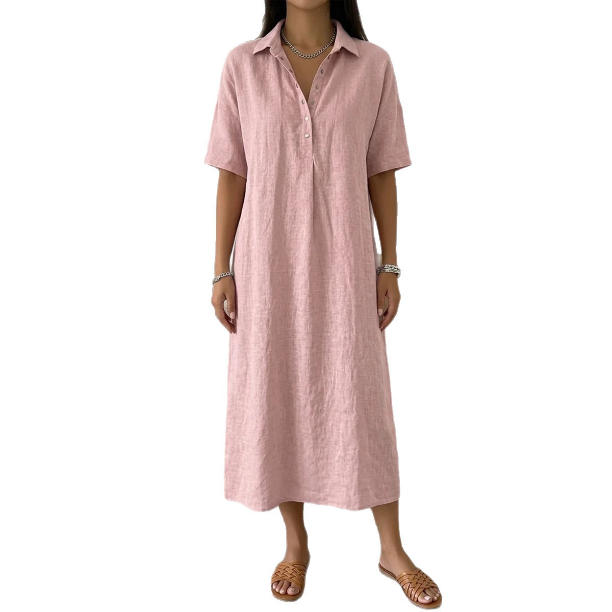 Women's Linen-Blend Polo Collar Short Sleeve Straight Casual Dress