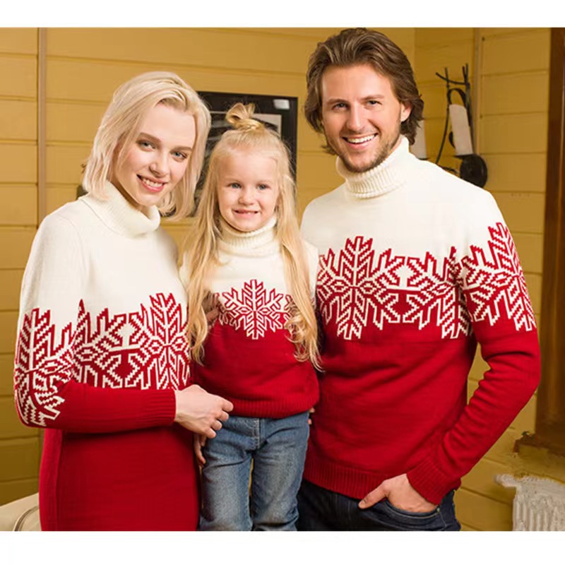 Matching Family Christmas Sweater Red Turtleneck Pullover Long Sleeve