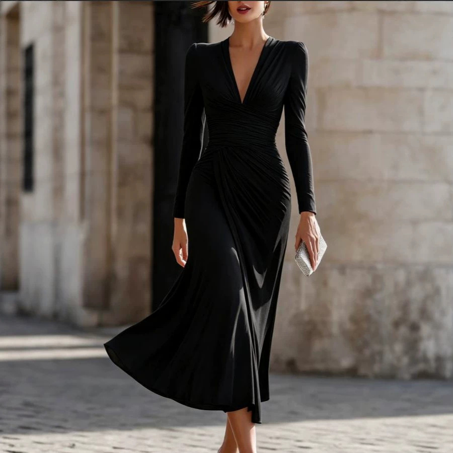Solid V-Neck Long-Sleeve Slim Fit Midi Dress