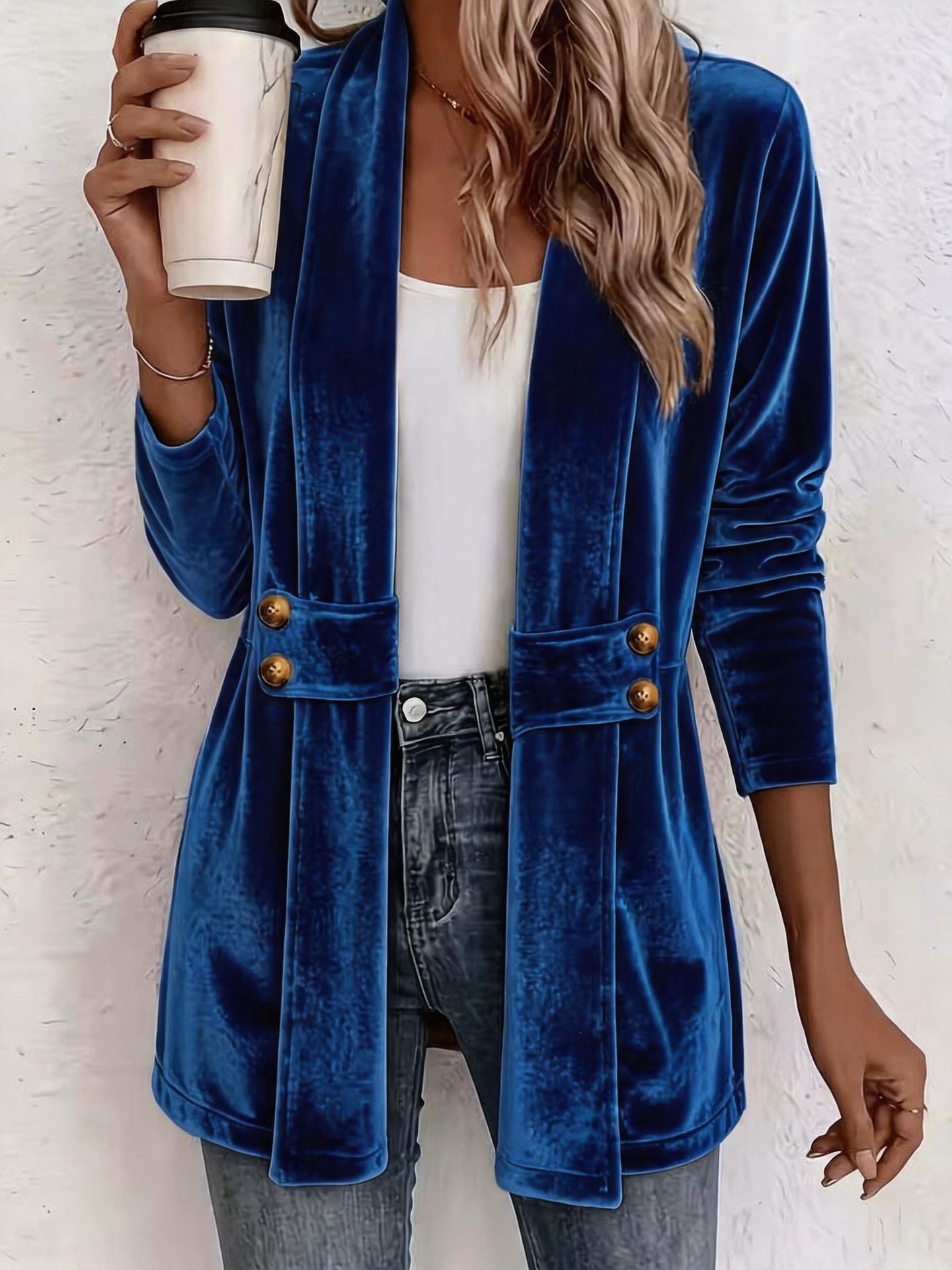Women's Double-Breasted Gold Velvet Cardigan Lazy Style Mid-Length Top