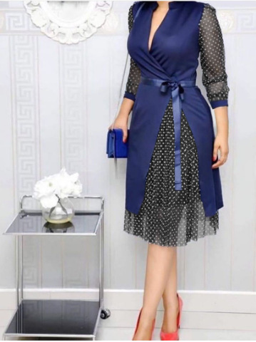 Women's V-Neck Polka Dot Mesh Panel Slit Dress