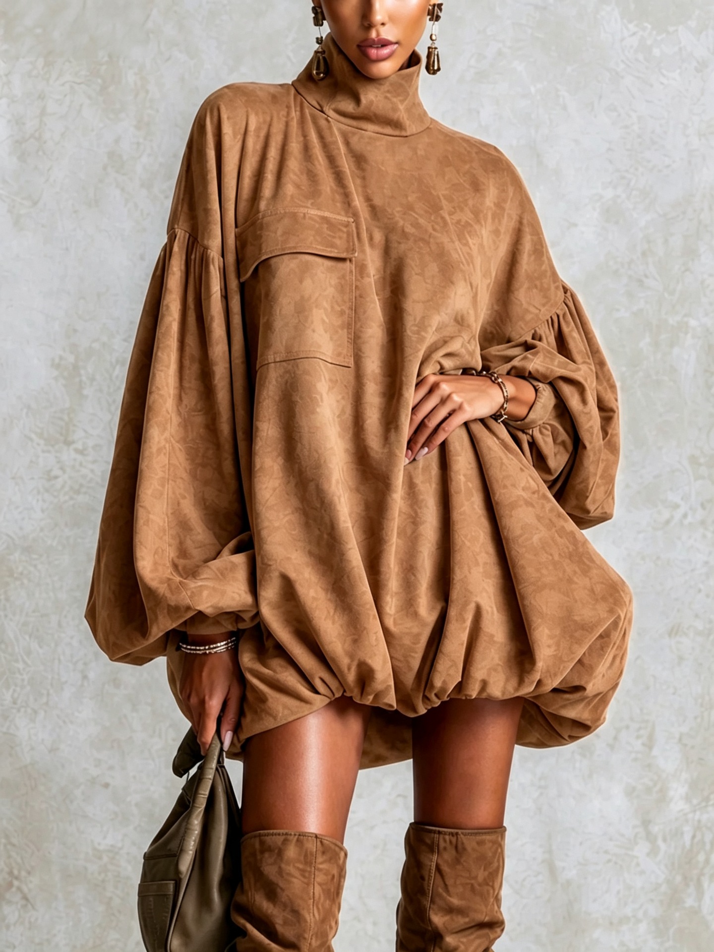 Women's High Neck Lantern Sleeve Bubble Hem Mini Dress with Pockets