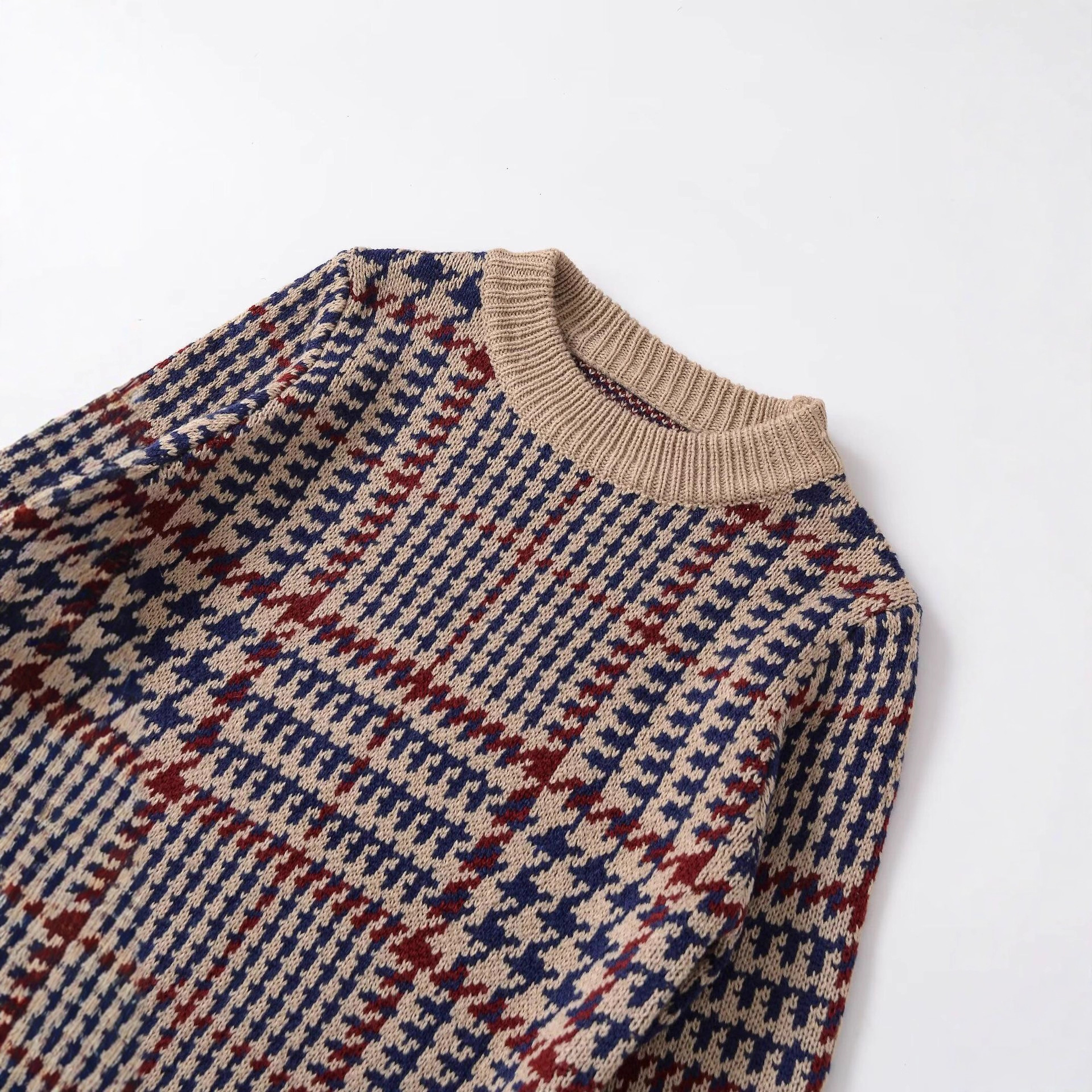 Women's Houndstooth Knit Sweater Long Sleeve Crew Neck Pullover
