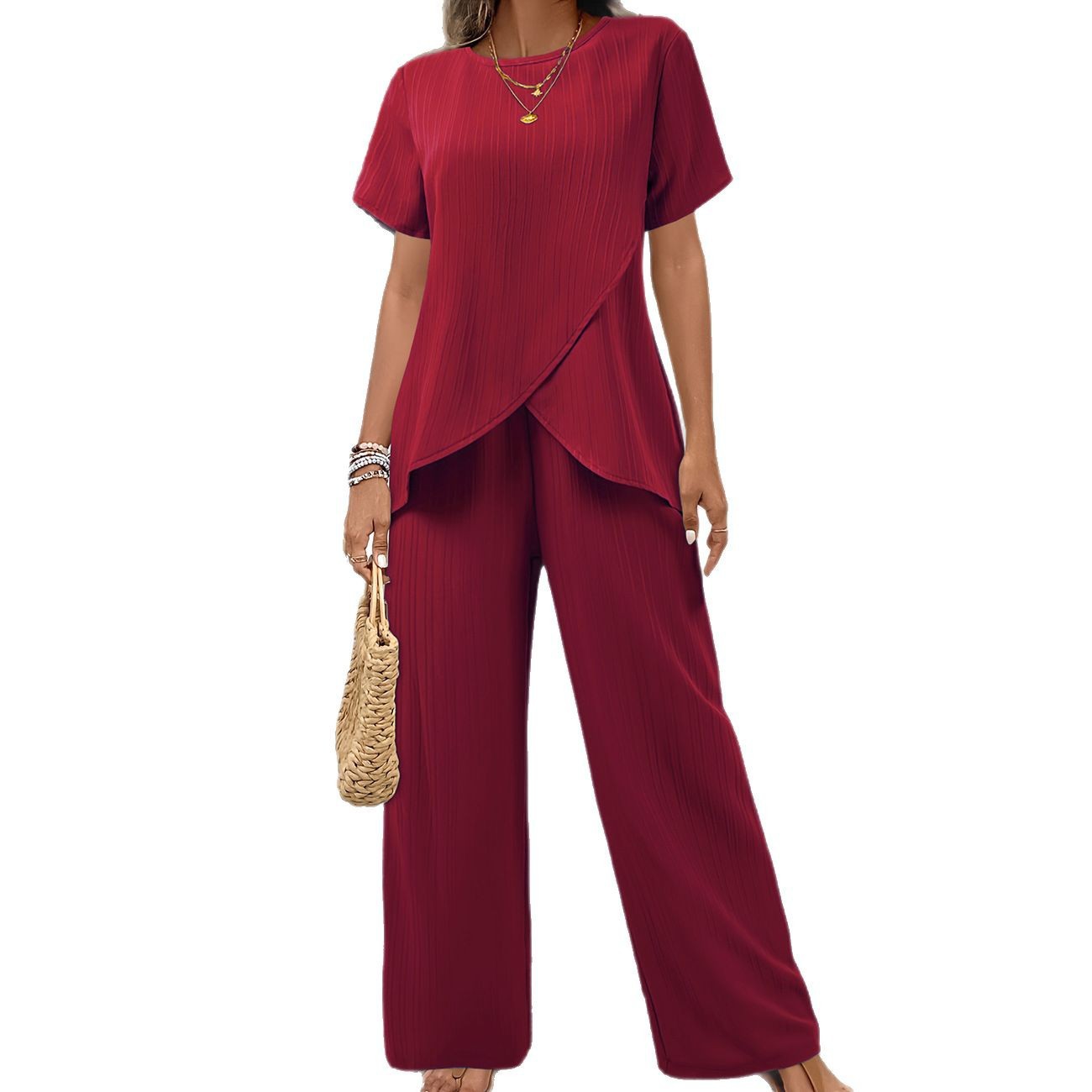 Women's Casual Cross-Front Asymmetric Wide-Leg Pants Set Plus Size Summer