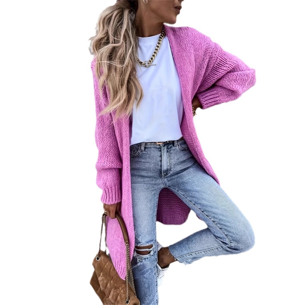 Women's Loose Solid Color Long Sleeve Knit Cardigan Sweater Coat