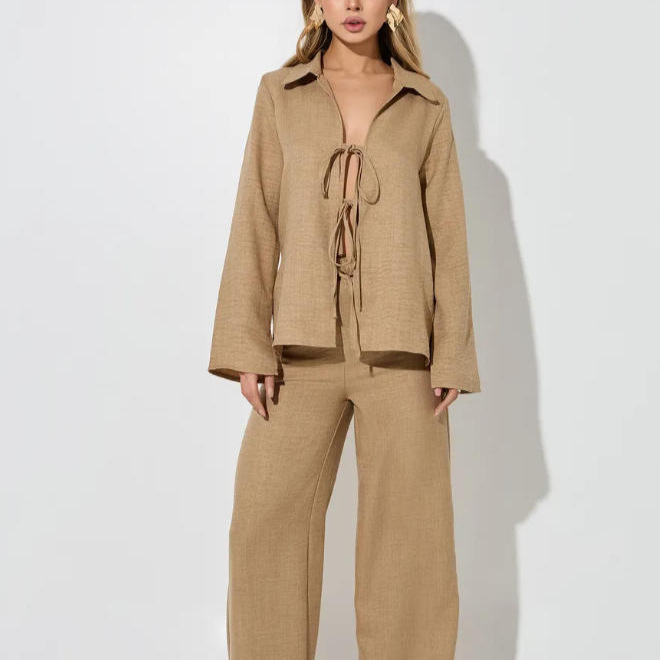 Women's Long Sleeve Tie-Front Cardigan Collared Top and Loose Pants Casual Two-Piece Set