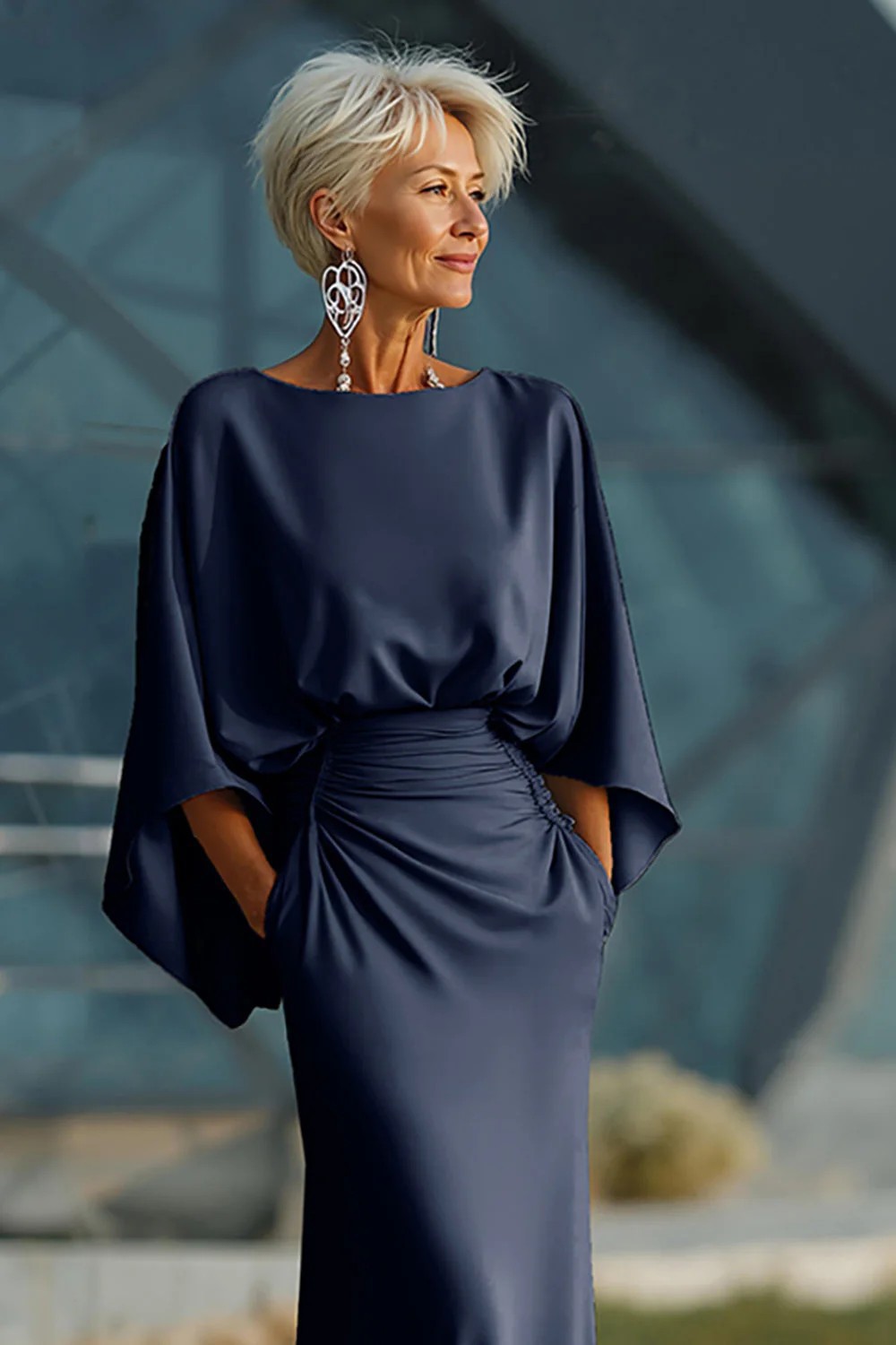 Elegant Open-Back Ruched Long Dress with Pockets