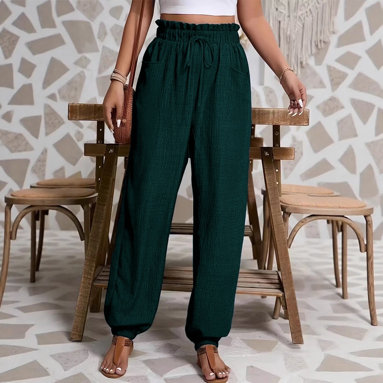 Solid Textured Lantern Pants with Ruffle Elastic Drawstring Waist and Dual Pockets