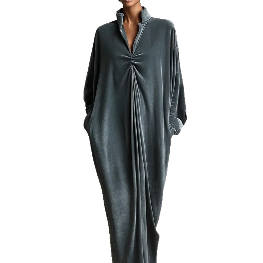 Stand Collar Velvet Long Dress with Twist Knot Detail