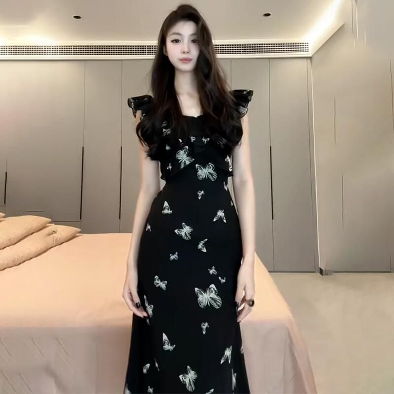 French Floral Midi Dress with Ruffle Sleeves Black
