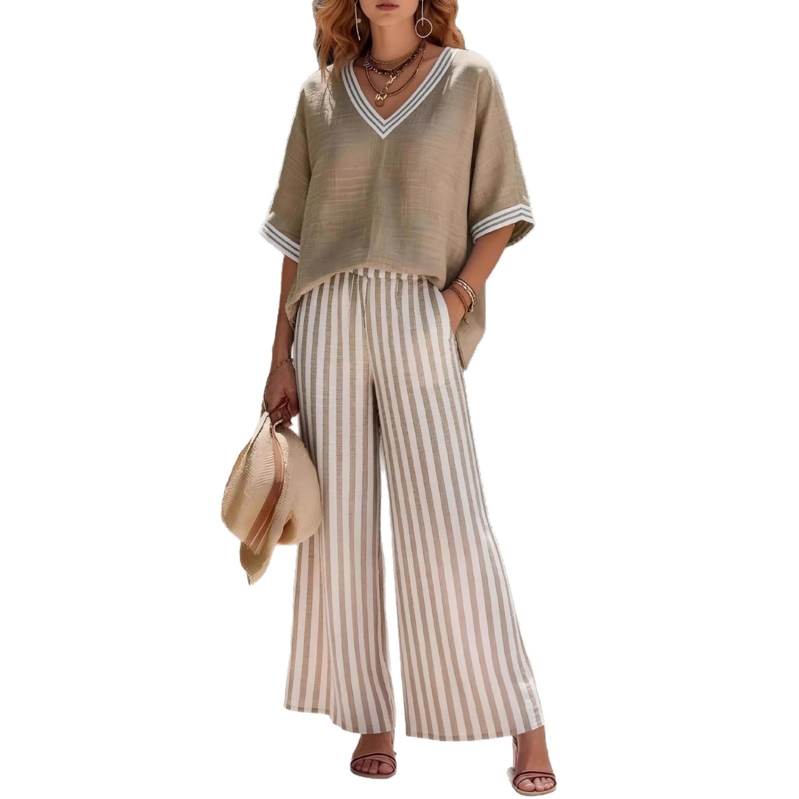 Women's Striped V-Neck Two-Piece Set Casual Loose Fit