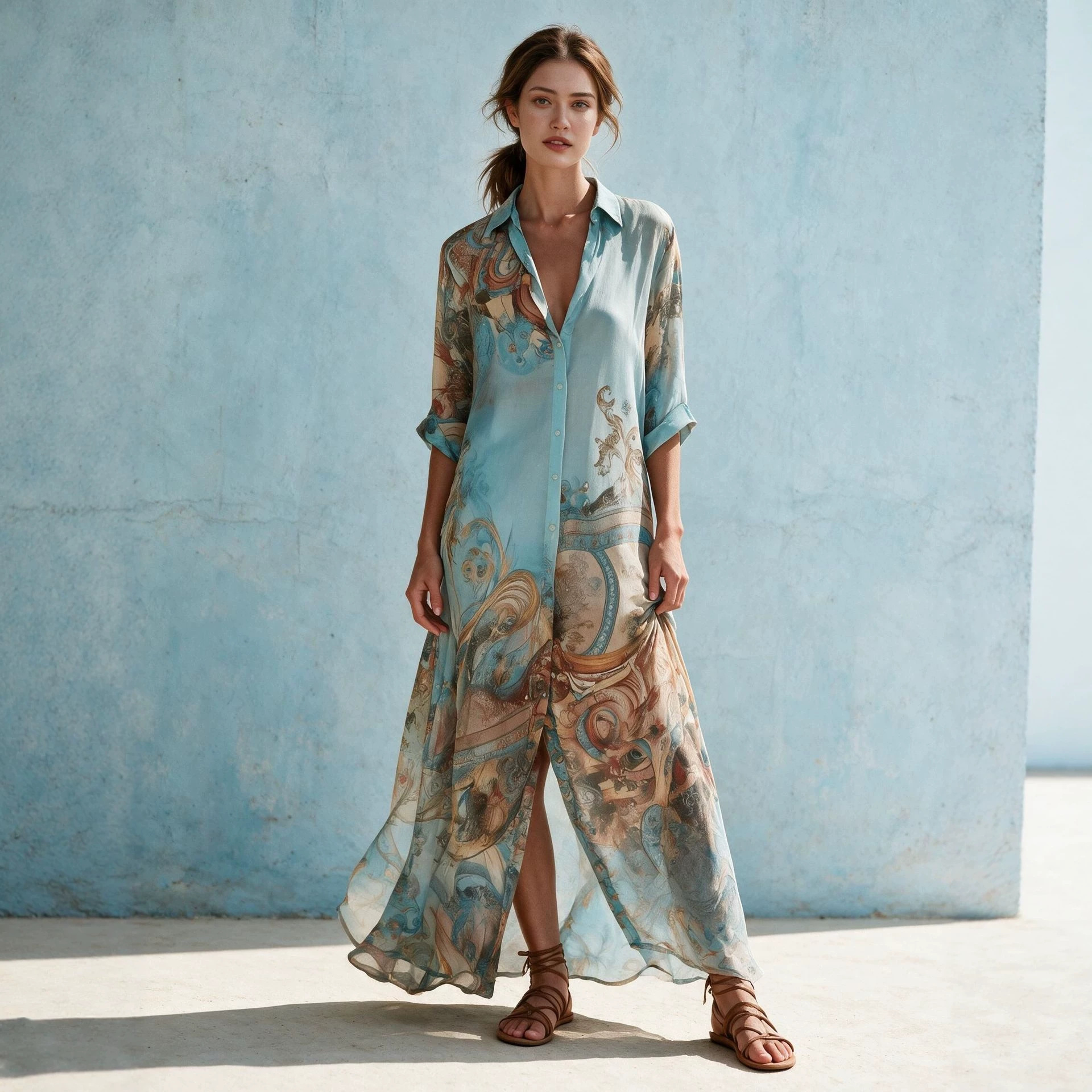 Floral Print Long Dress with Silk-Like Texture, Vacation Style, Elegant A-Line