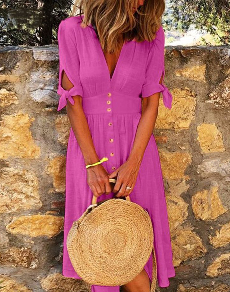 Short Sleeve V-Neck Tie-Waist A-Line Maxi Dress with Button Detail