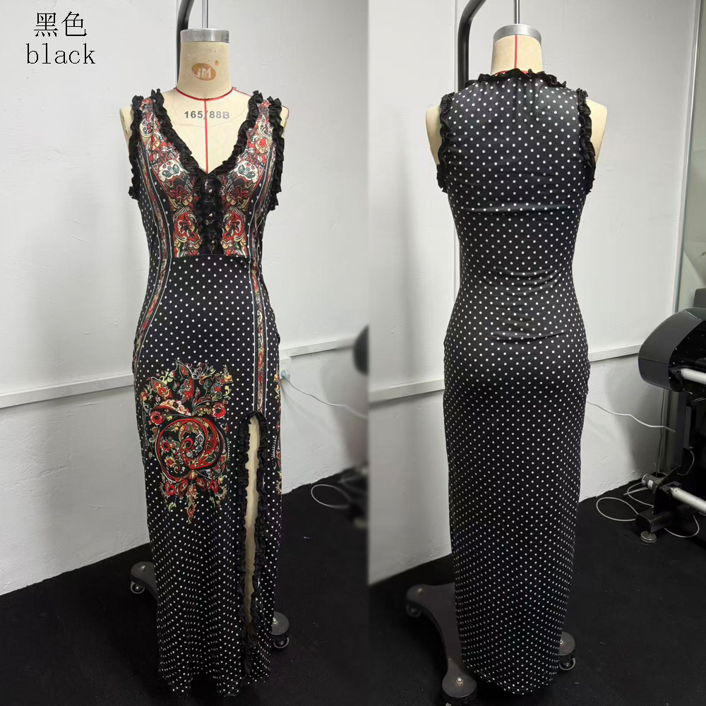 Women's Sleeveless V-Neck Digital Print Slit Long Dress