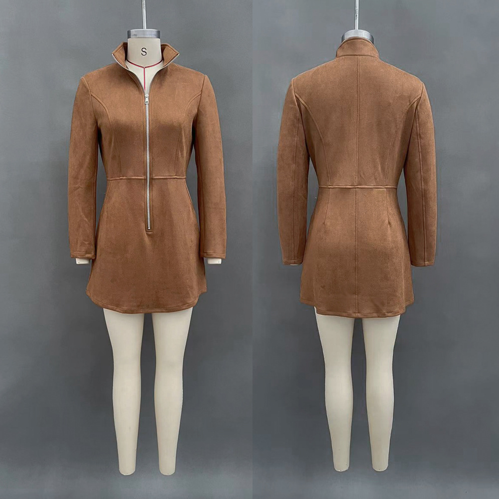 Faux Suede French Zip Long Sleeve Bodycon Mini Dress