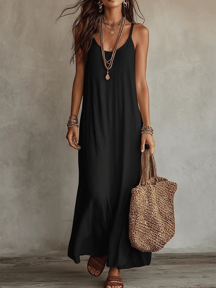 Boho Solid Color V-Neck Cami Dress Relaxed Fit