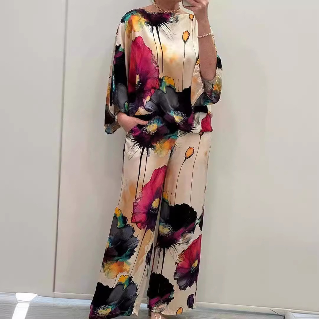 Urban Elegant Satin Off-Shoulder Loose Floral Print Batwing Sleeve Drawstring Pants Set