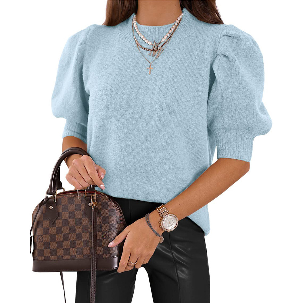 Women's Casual Crewneck Puff Sleeve Sweater Solid Short Sleeve