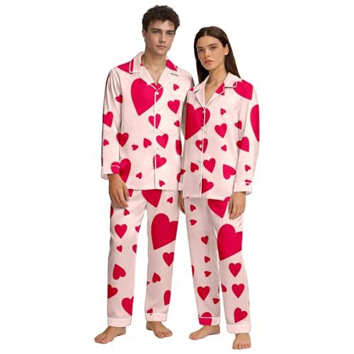 Cuban Collar Heart Print Long Sleeve Women's Set