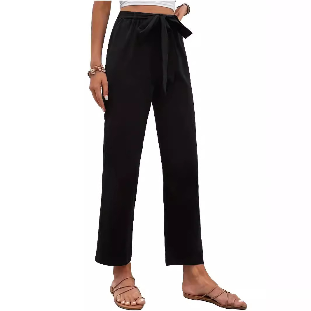 Cotton-Linen Wide-Leg Cropped Pants with Elastic Waist and Tie