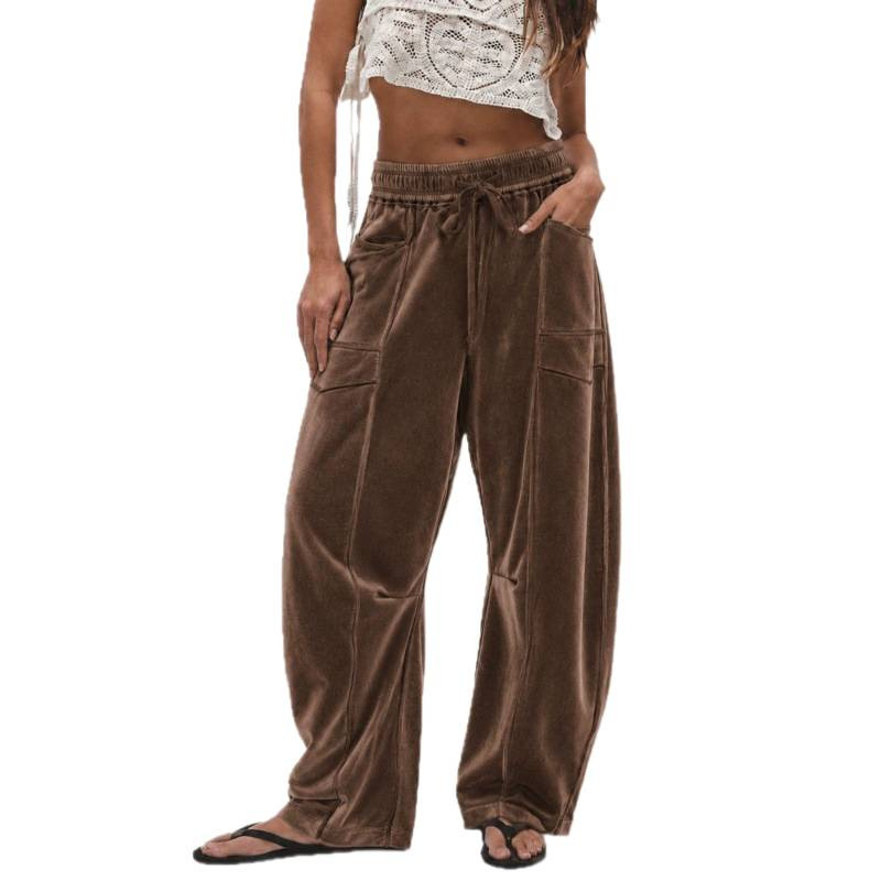Women's Loose Wide-Leg Velvet Pants with Drawstring